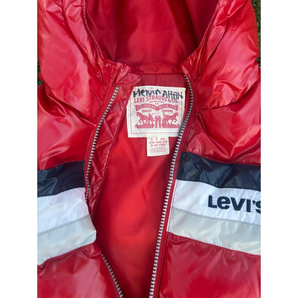 Levi’s Puffer Jacket Red Retro Stripe Hooded Coat (Vintage) Kids Size 8-10Y - Picture 4 of 5
